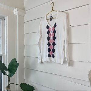 Tommy Hilfiger 100% Pima Cotton Size Large Pink & Navy Argyle V-Neck Sweater